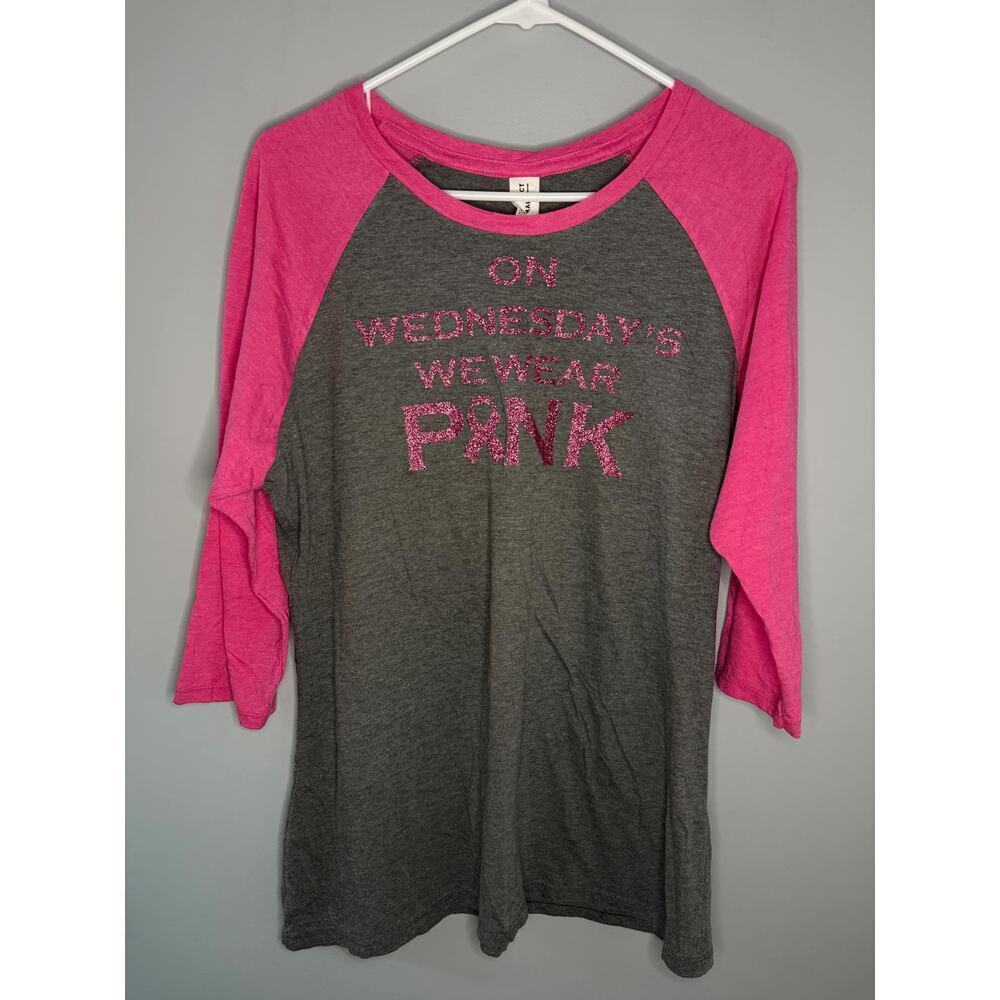 Breast Cancer Ribbon 3/4 Sleeve Glitter Graphic Print Shirt Pink/Gray Women's XL
